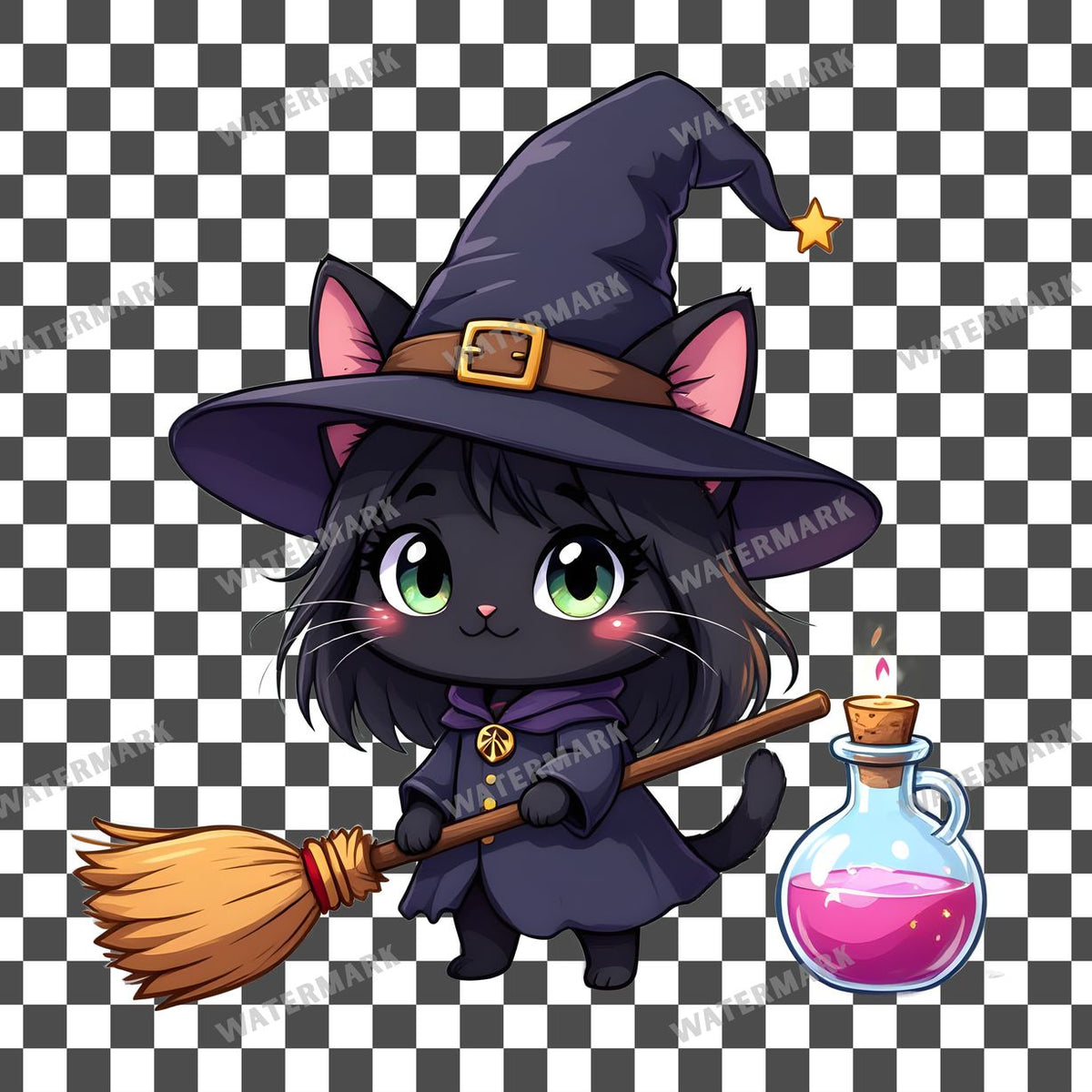 Chibi Witch Cat Clipart Pngs