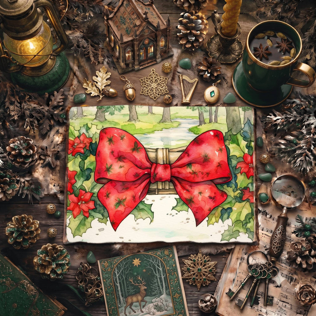 Christmas Red Ribbon Decorated Digital Papers