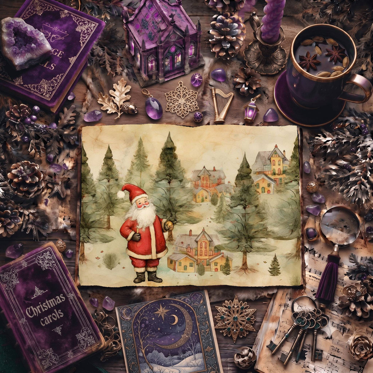 Christmas Santa Claus And Trees Digital Papers