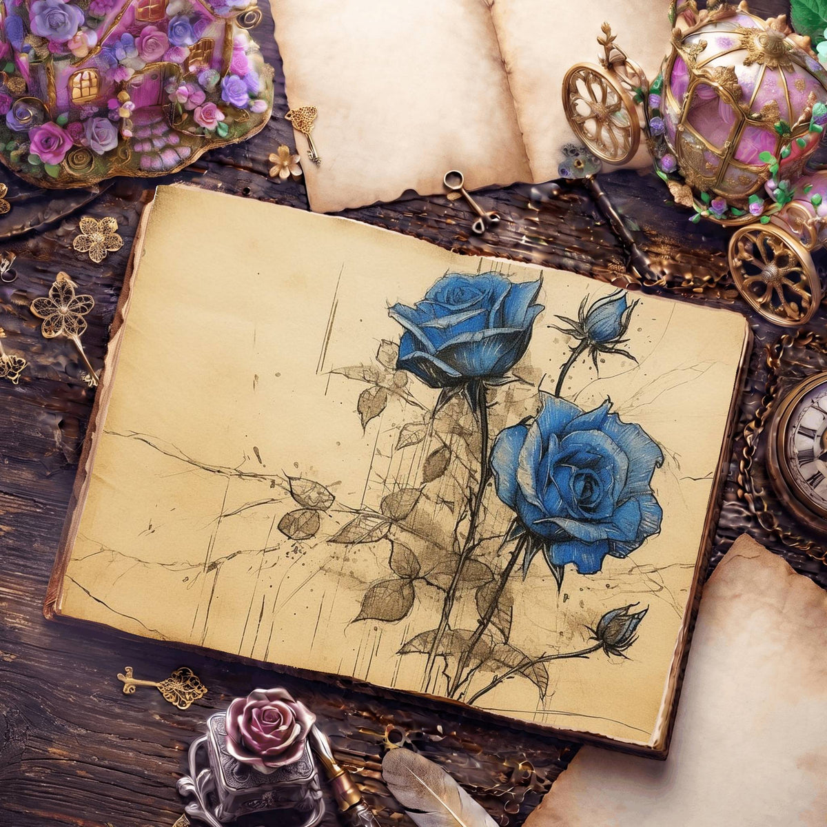 Decaying Blue Roses Digital Papers