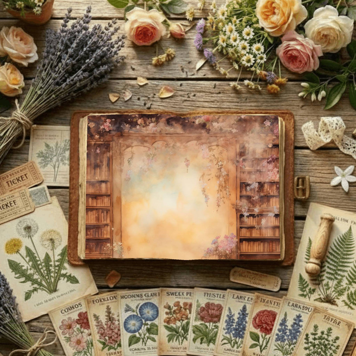 Floral Bookcase Digital Papers