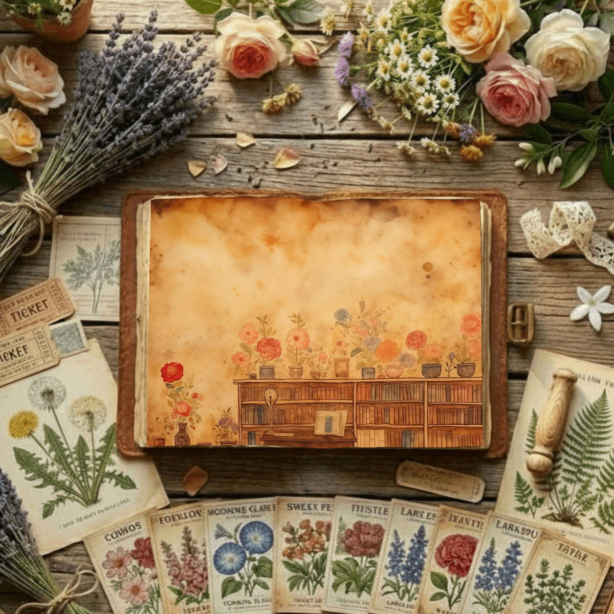 Floral Bookcase Digital Papers