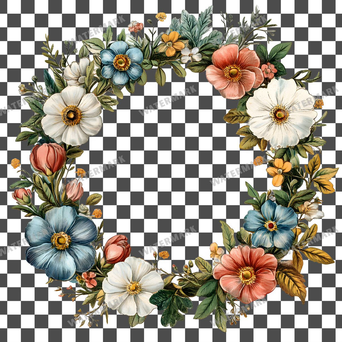 Floral Wreath Vintage Style clipart PNG on a transparent background, design 4