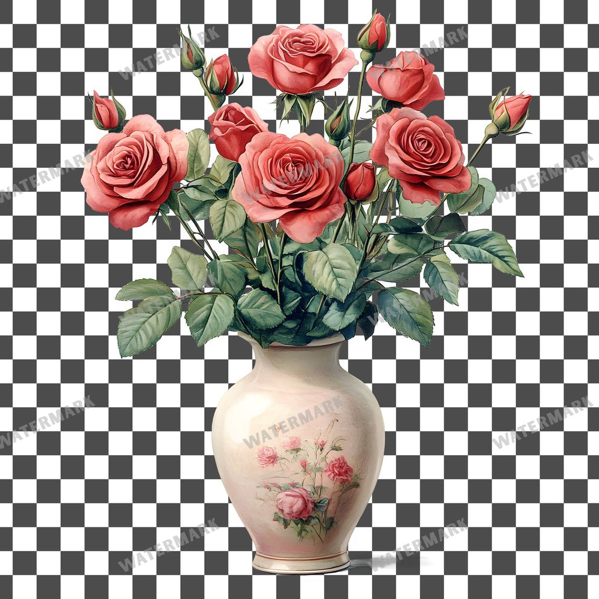 Red Roses Vintage Style clipart PNG on a transparent background, design 4