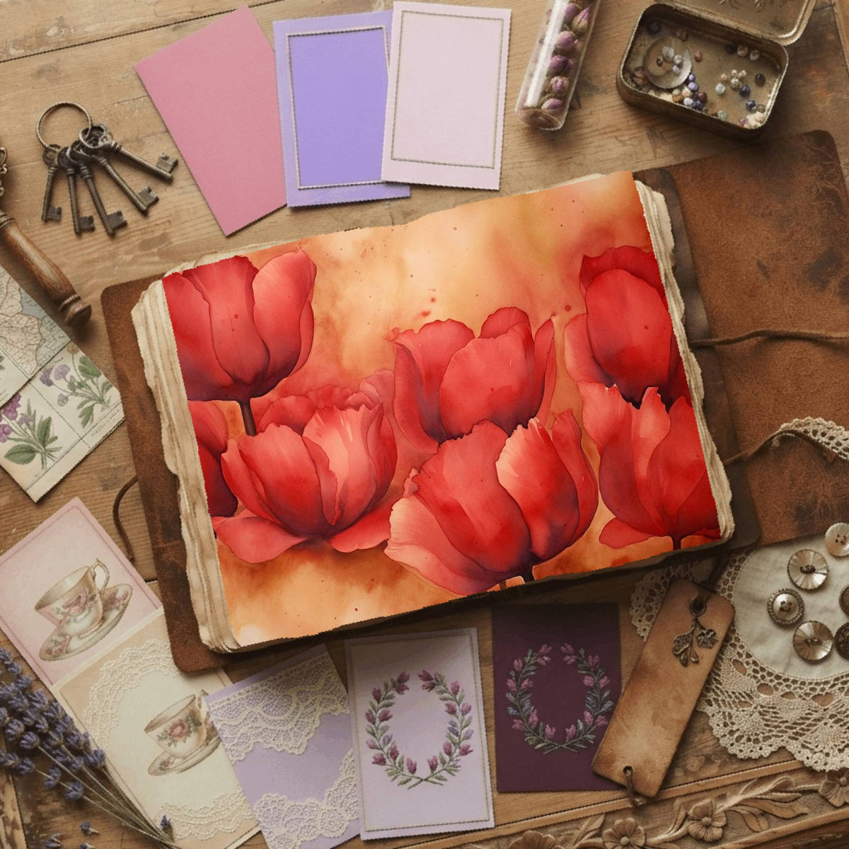 Ruby Tulips printable junk journal paper, page preview 4