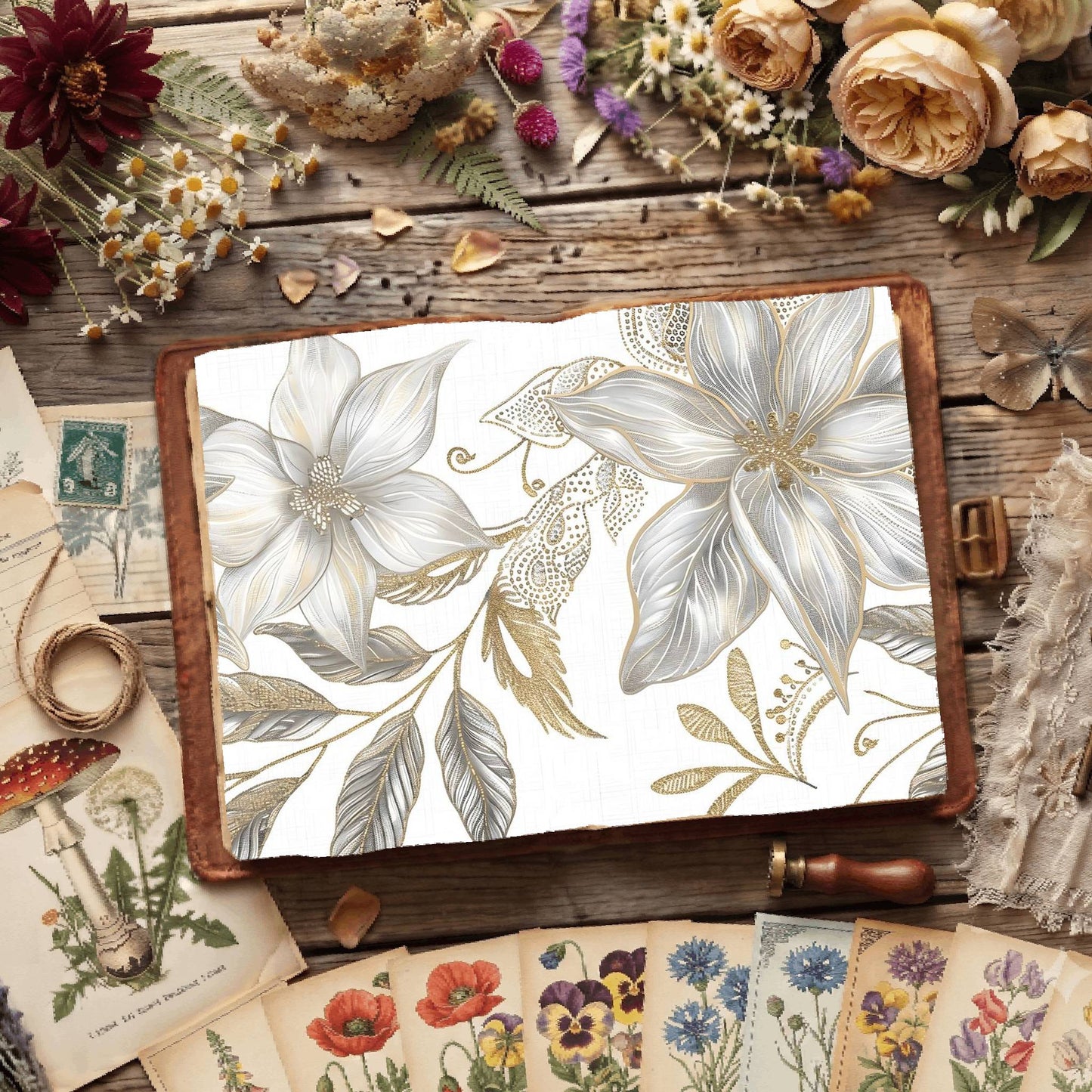 White Background Florals Digital Papers