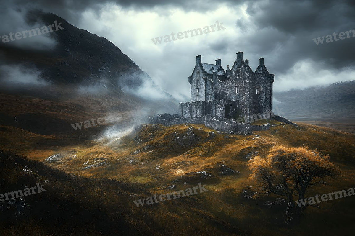 Witch’Castle On Dark Mountain In Storm Backdrop Images