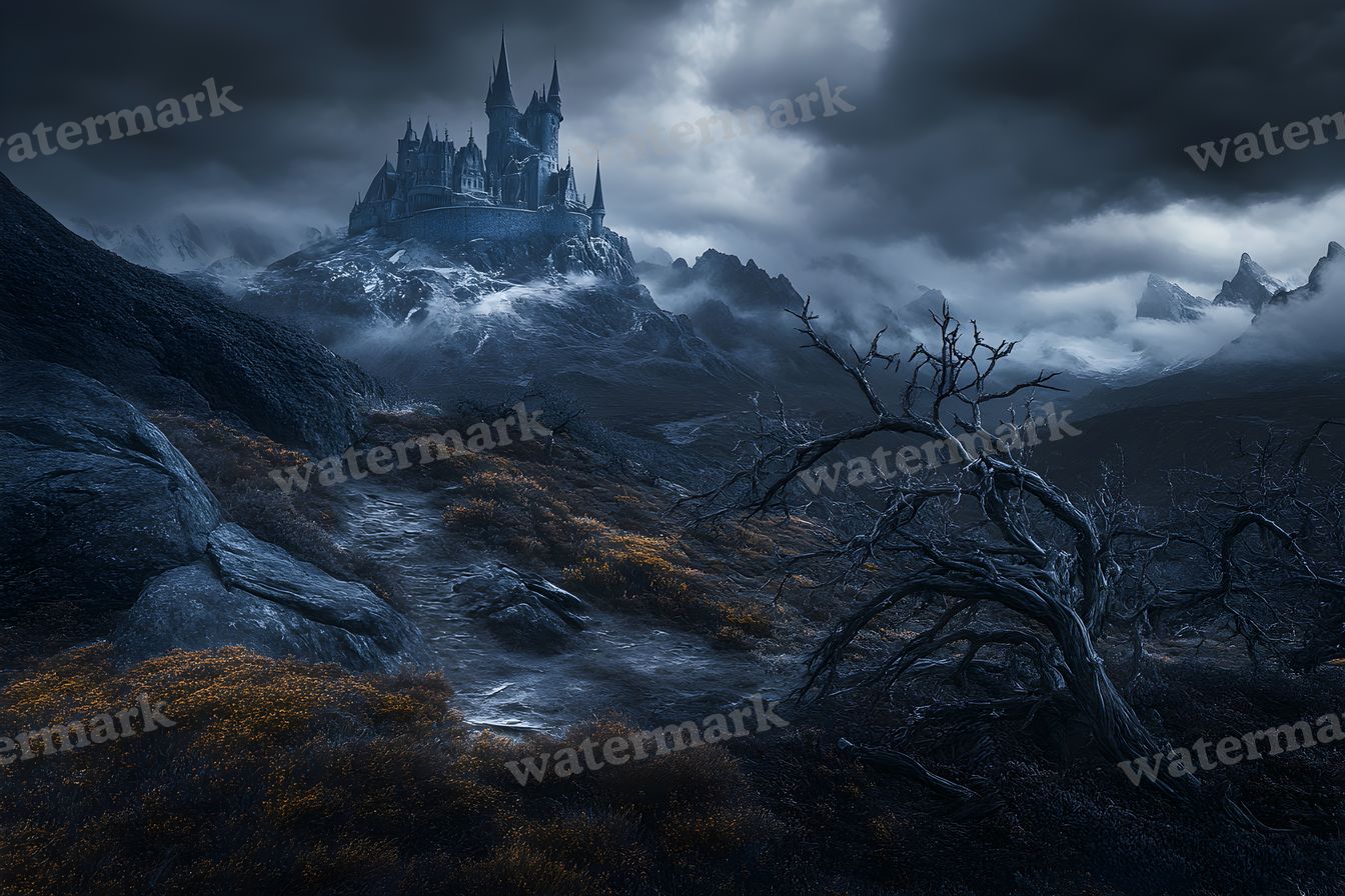 Witch’Castle On Dark Mountain In Storm Backdrop Images
