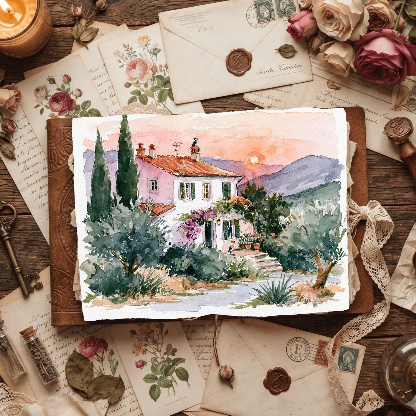 Airy Tuscany Watercolor Landscape