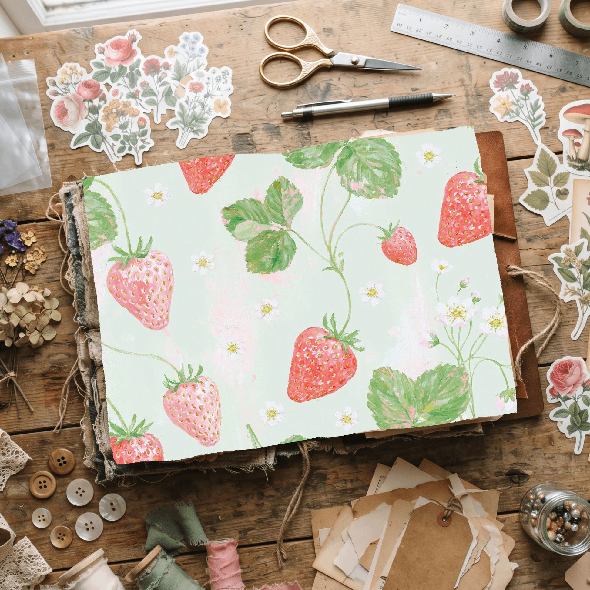 Strawberry Botanical Scrapbook Paper