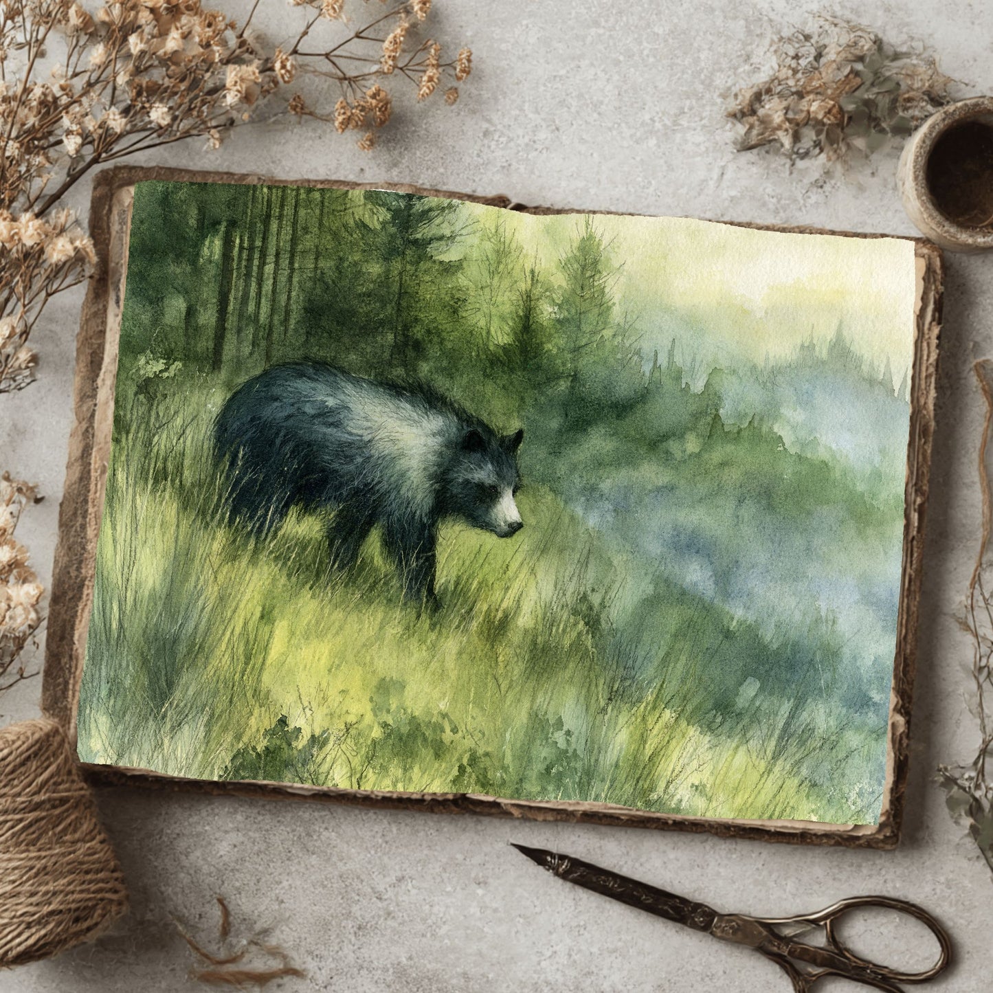 Woodland Bear Watercolor Landscape