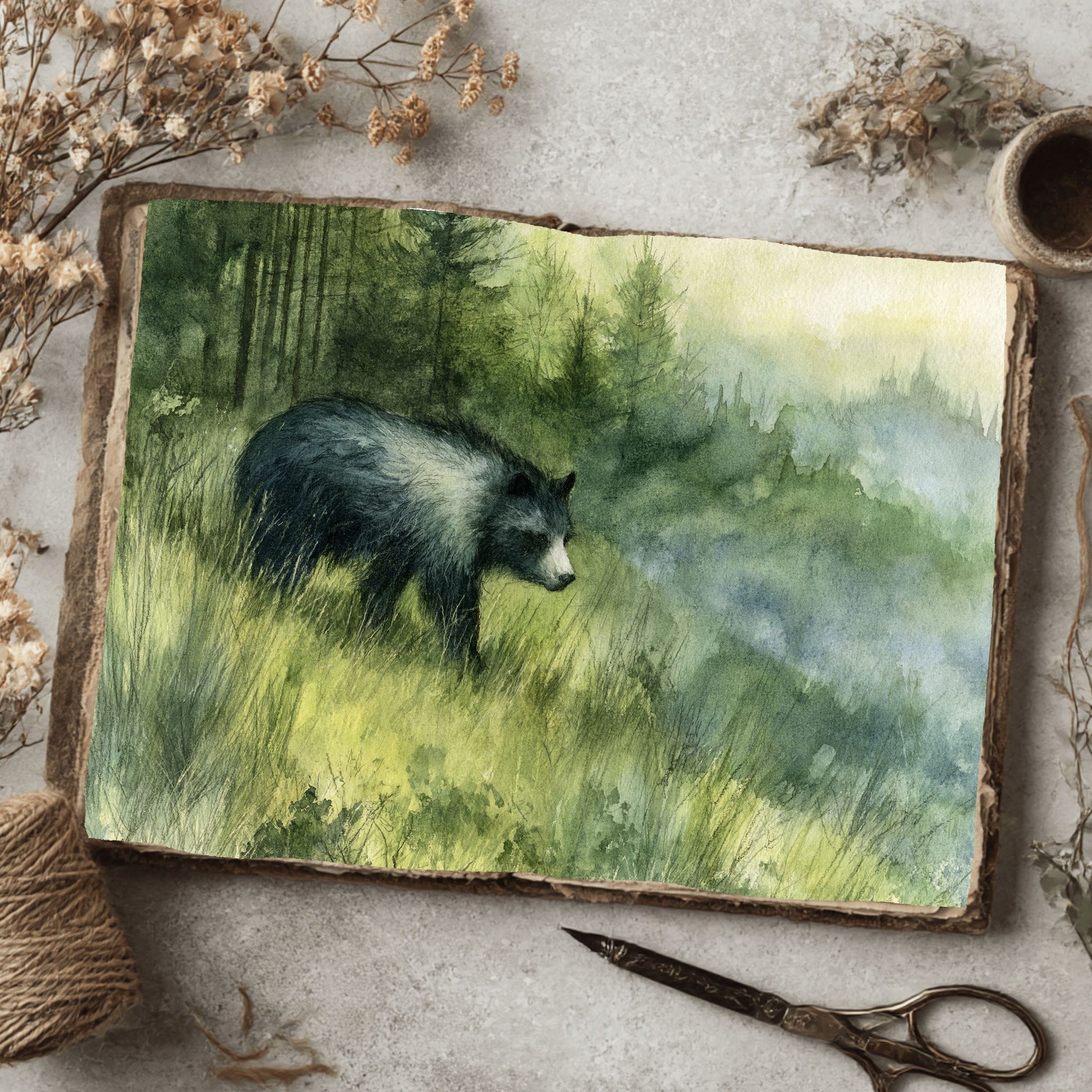 Woodland Bear Watercolor Landscape