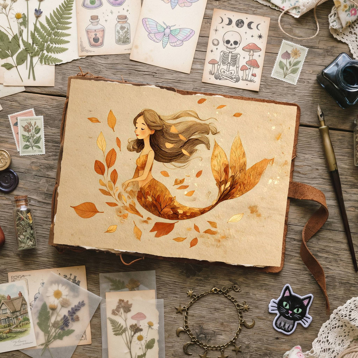 Autumn Tail Mermaid Forest Leaves Digital Papers
