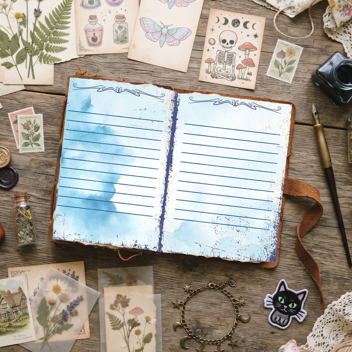Blue Watercolor Distressed Blank And Lined Digital Papers
