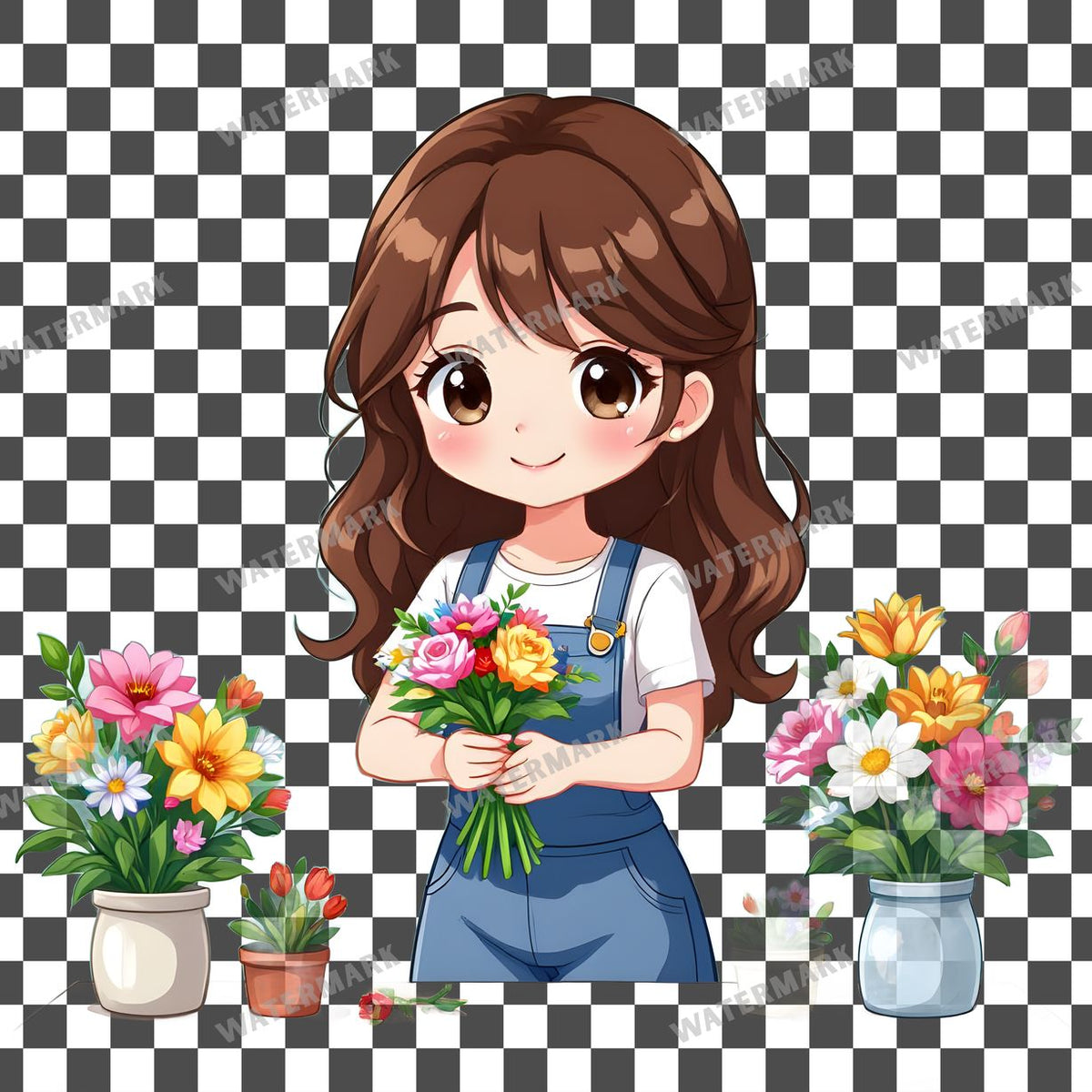 Chibi Florist Arranging Flowers clipart PNG on a transparent background, design 5