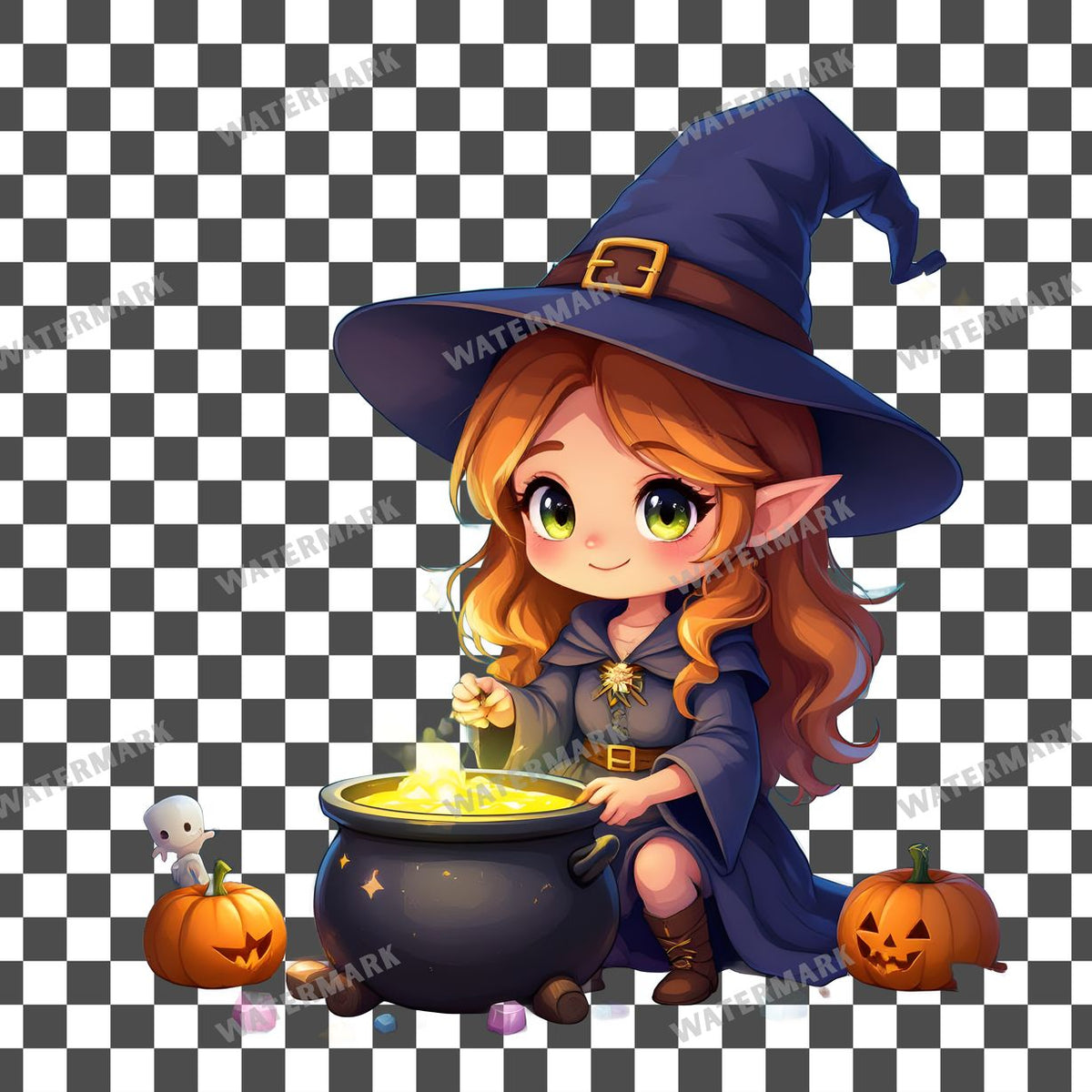 Chibi Witch Brewing clipart PNG on a transparent background, design 5