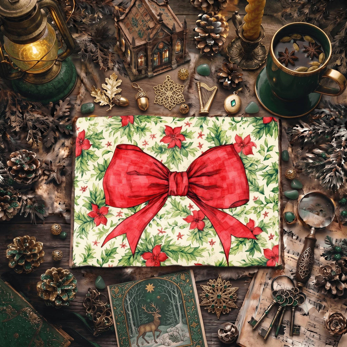 Christmas Red Ribbon Decorated Digital Papers