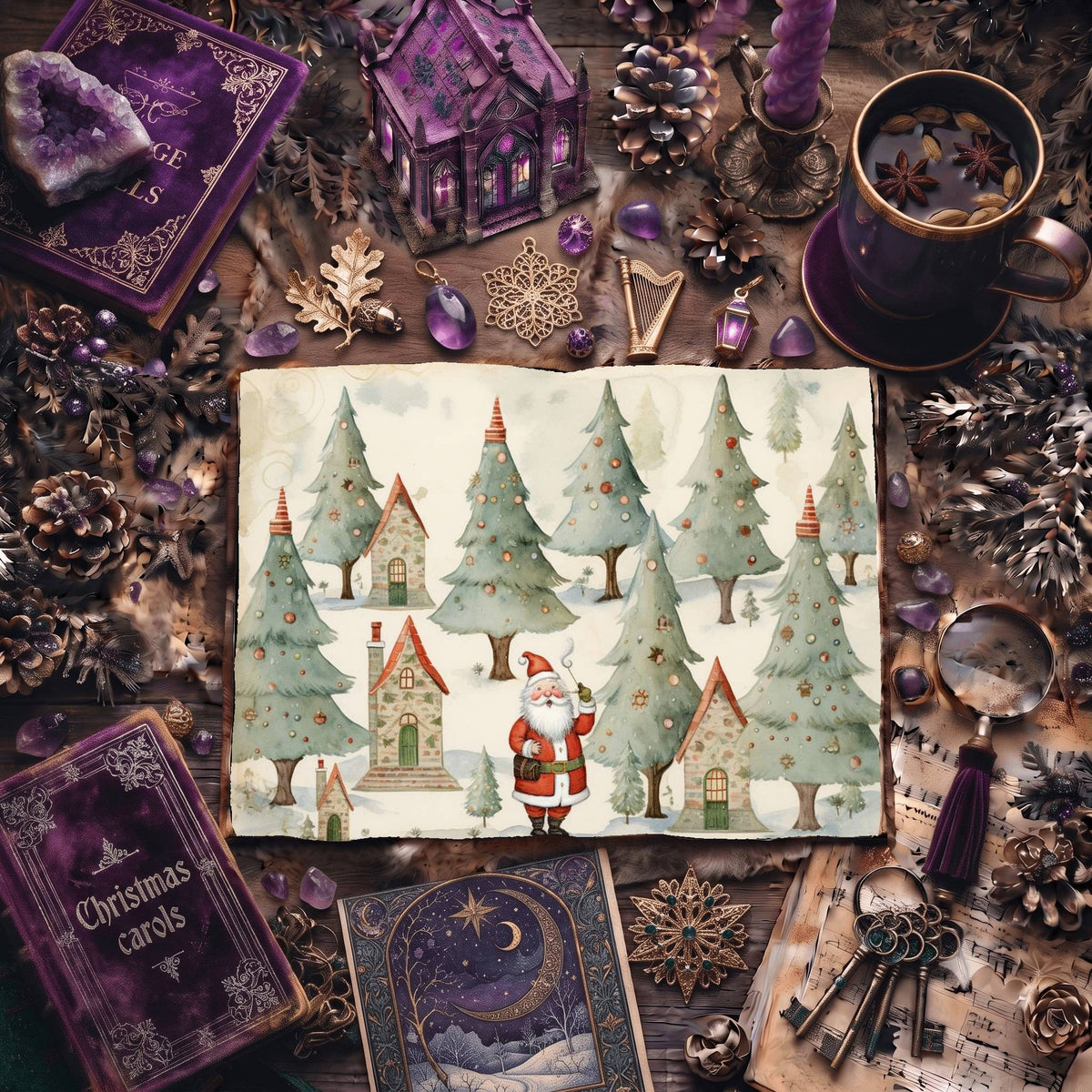Christmas Santa Claus And Trees Digital Papers