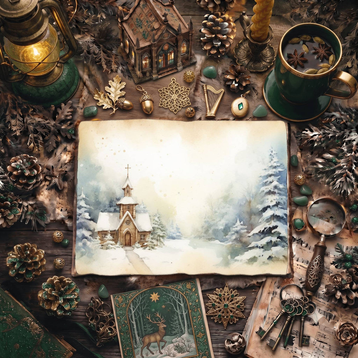 Christmas Snowy Church Digital Papers