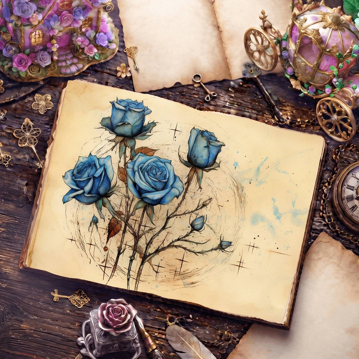 Decaying Blue Roses Digital Papers
