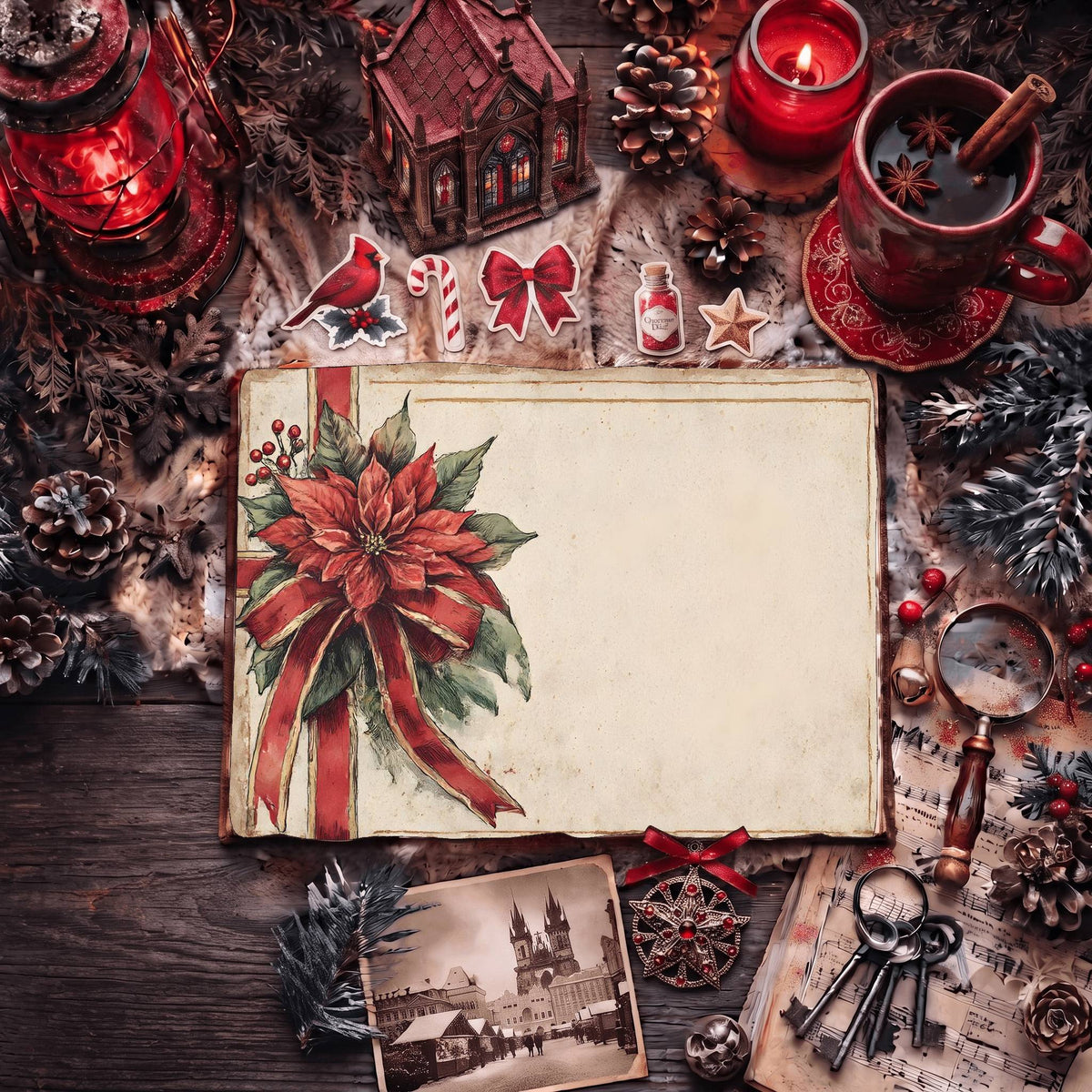 Festive Poinsettia Ribbon Design Digital Papers