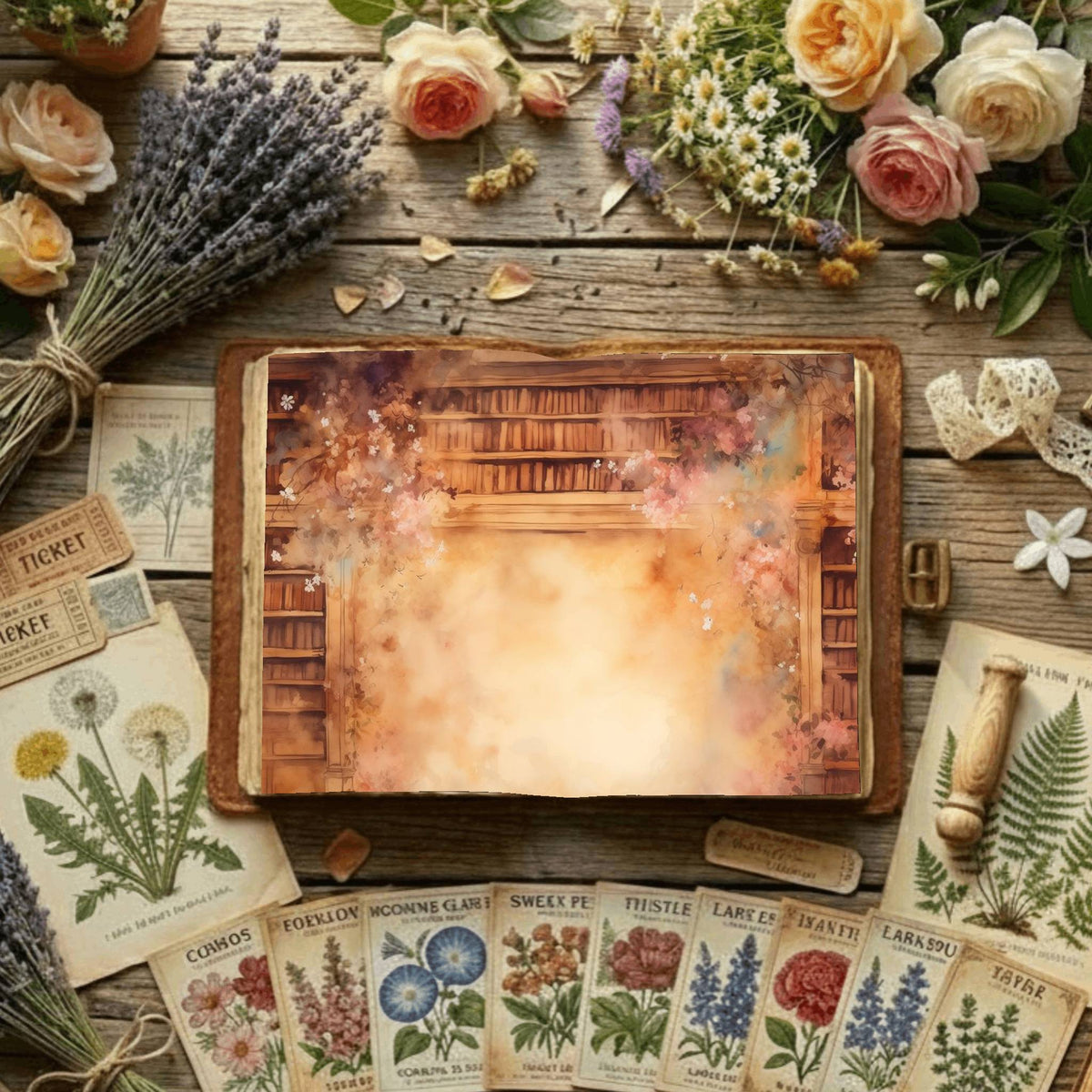 Floral Bookcase Digital Papers