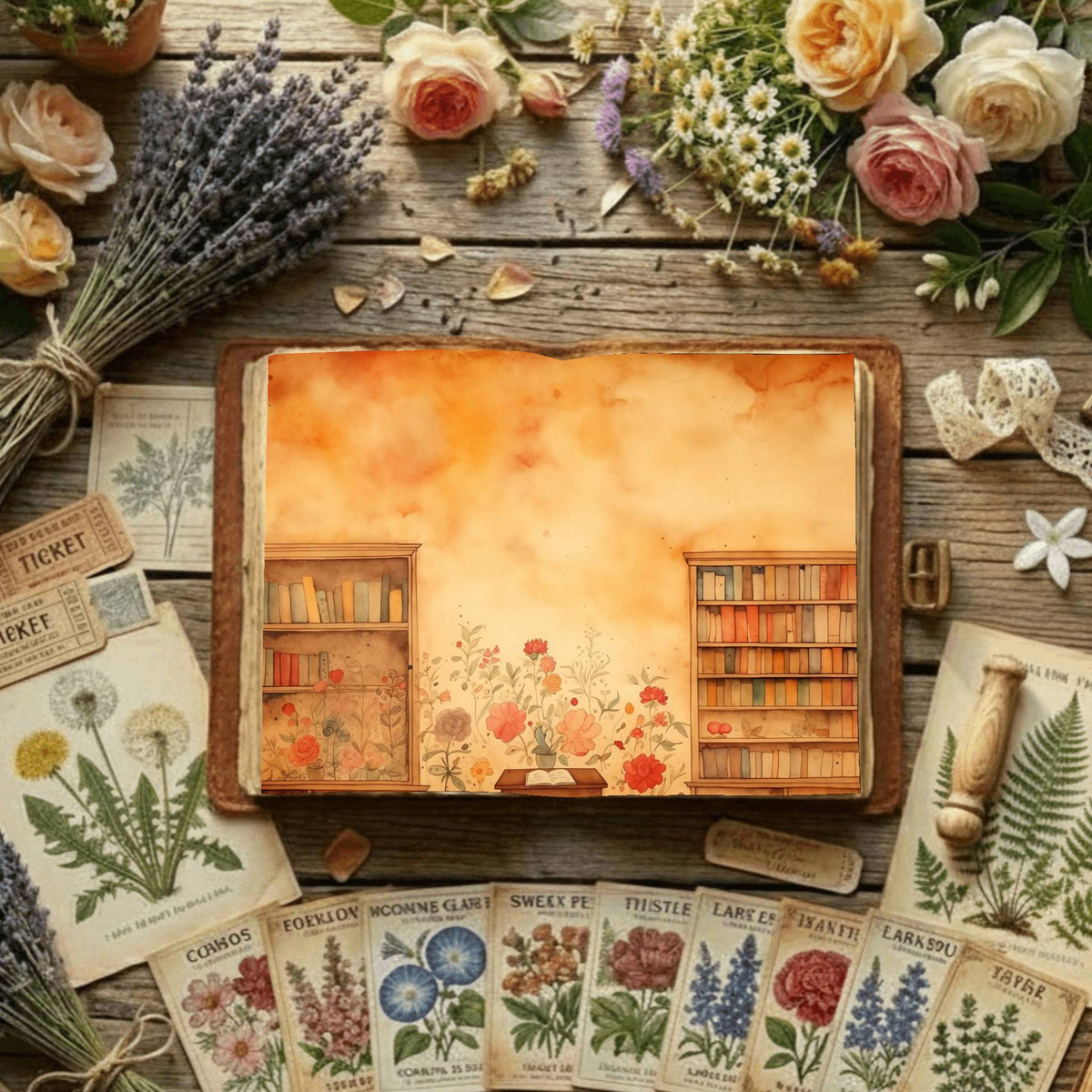Floral Bookcase Digital Papers