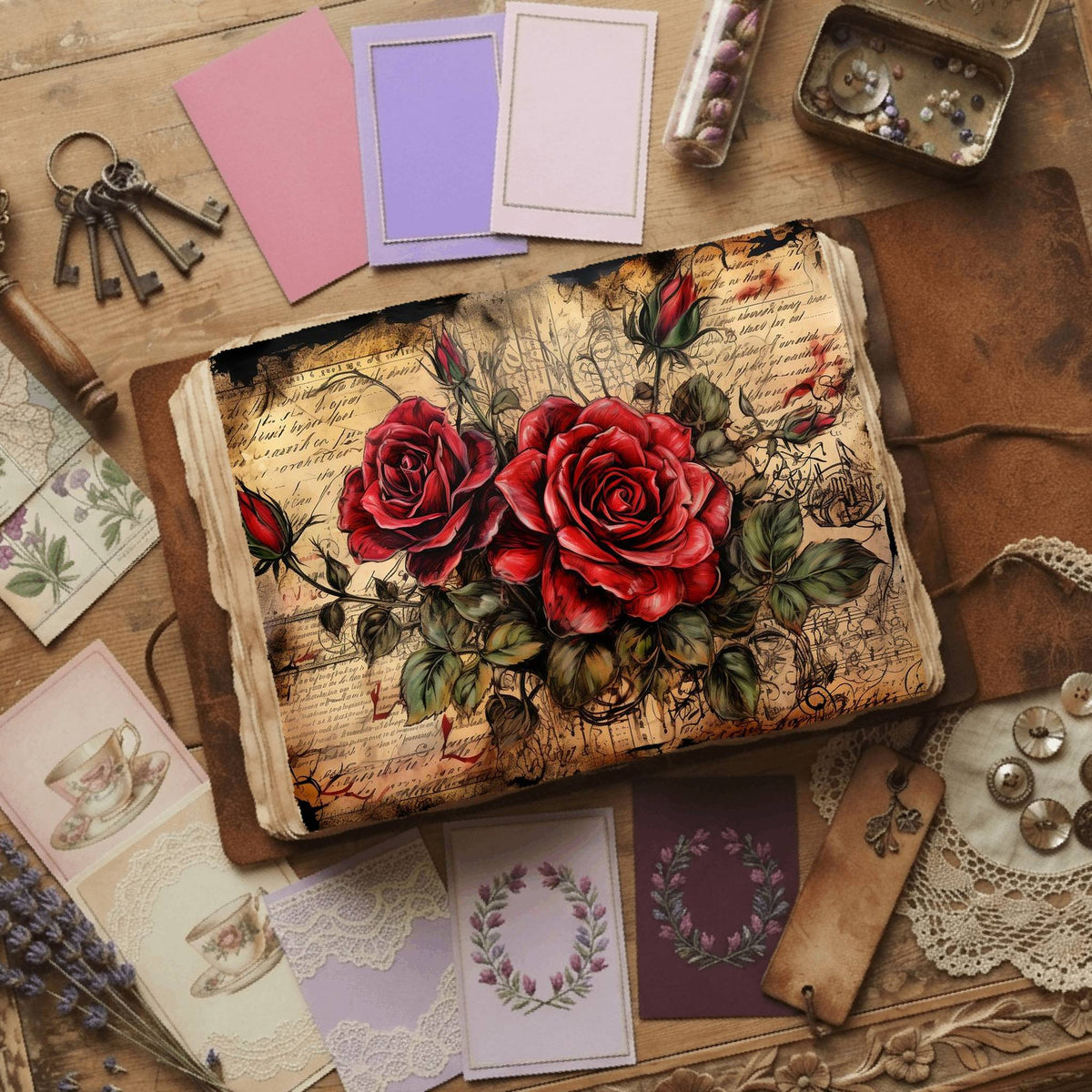Red Roses printable junk journal paper, page preview 5