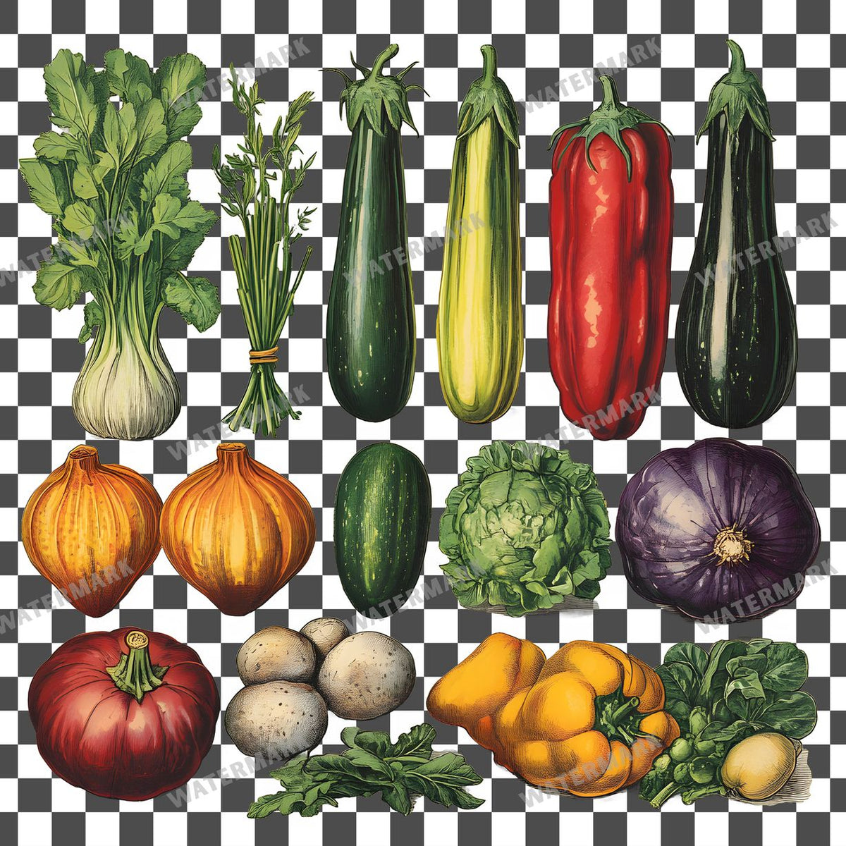 Vegetables Vintage Style Clipart Pngs