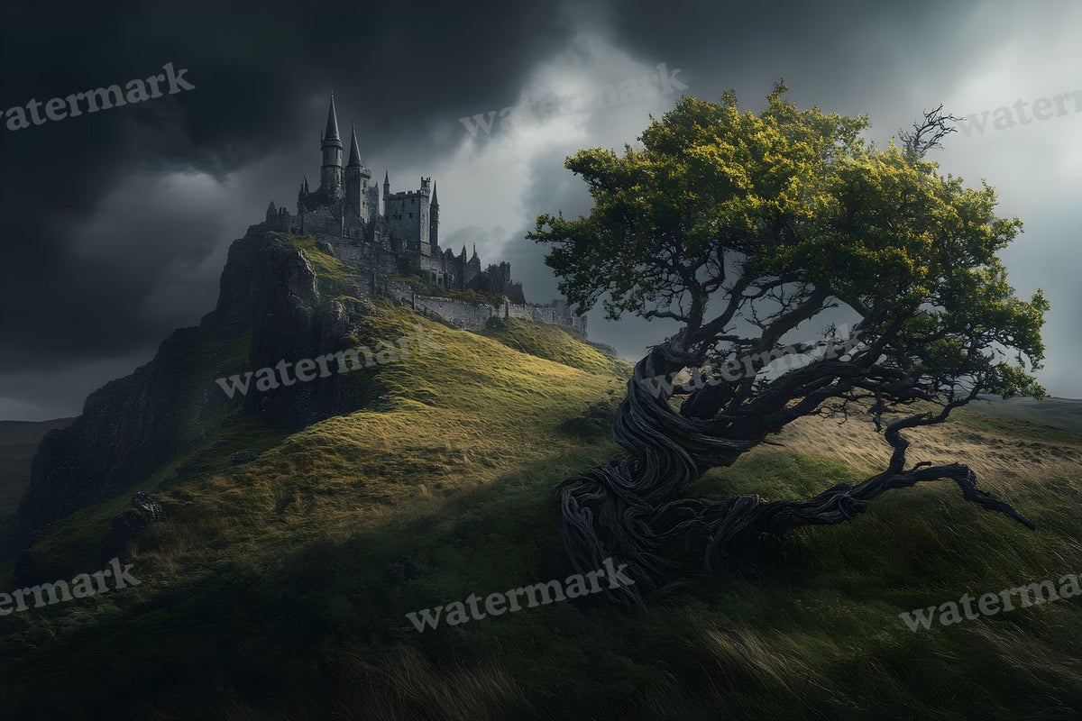 Witch’Castle On Dark Mountain In Storm Backdrop Images