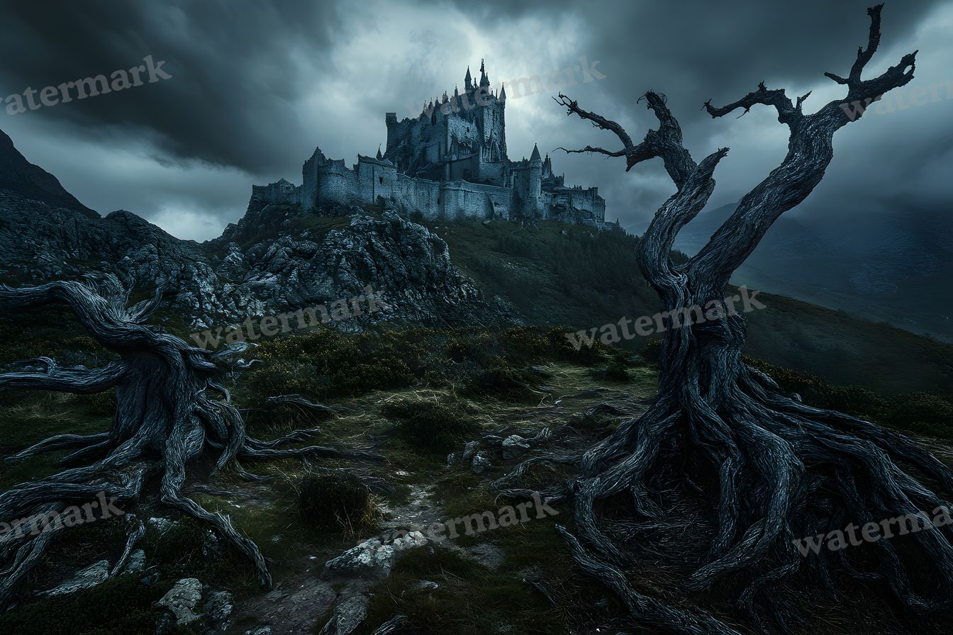 Witch’Castle On Dark Mountain In Storm Backdrop Images