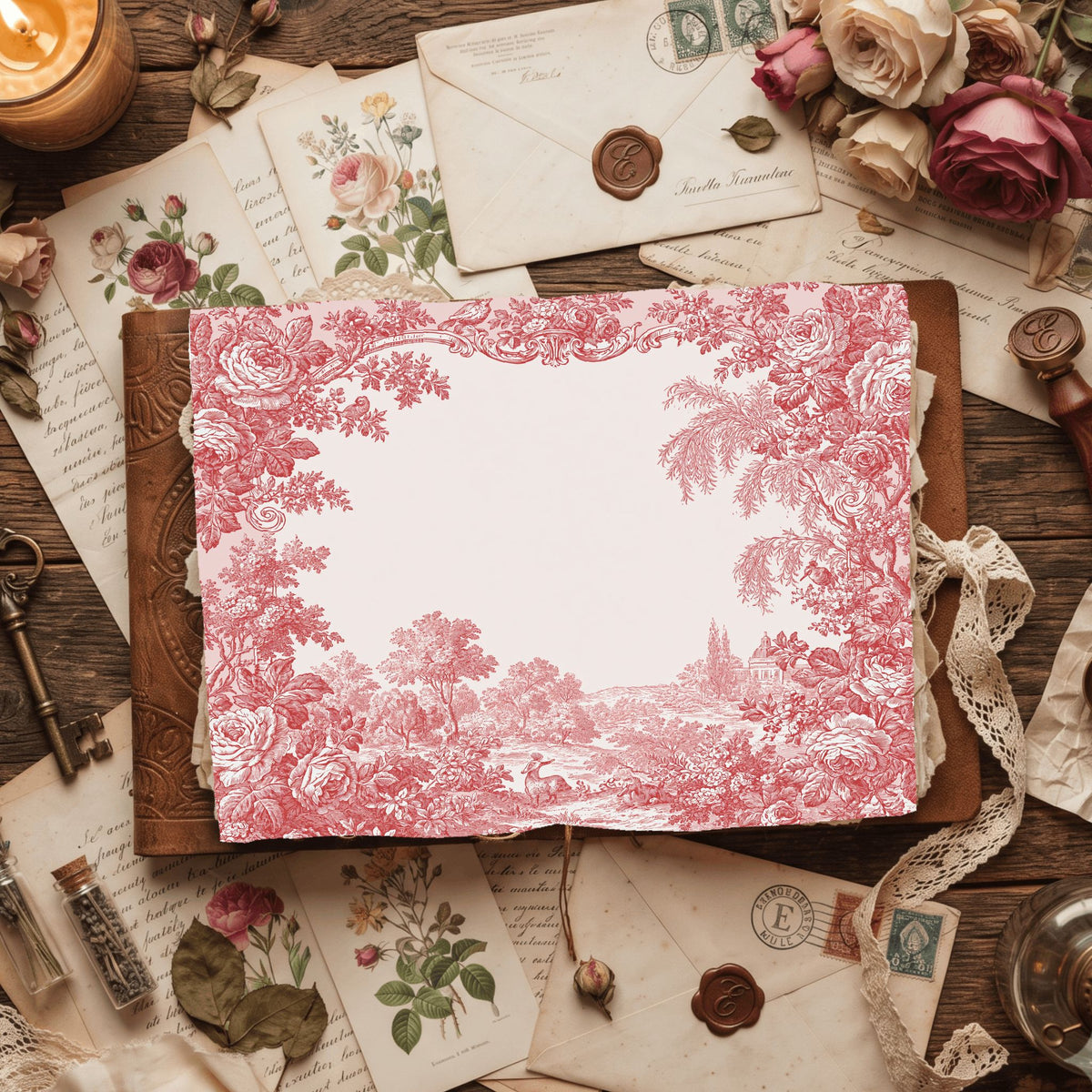 French Toile De Jouy Note Card Border