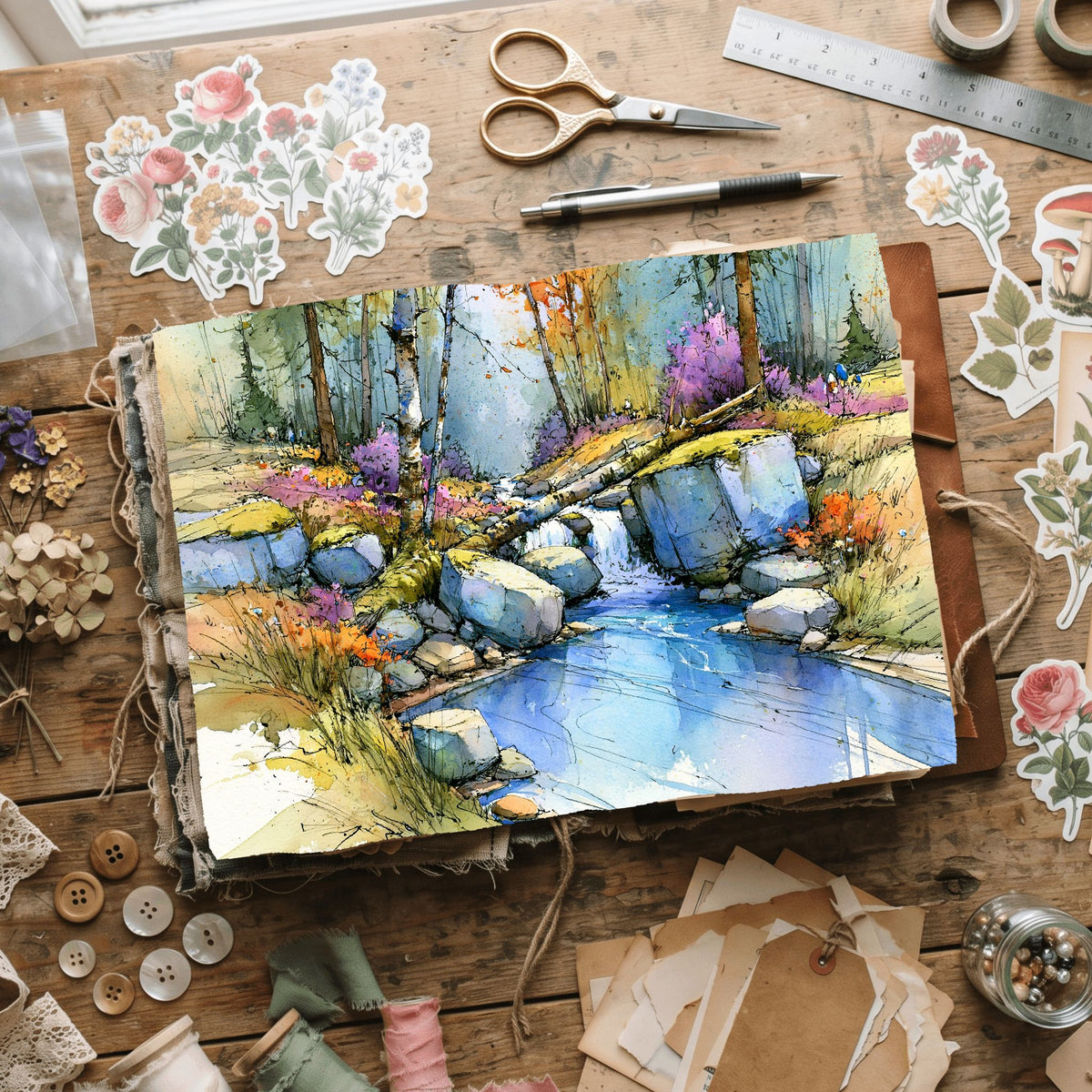 Peaceful Woodland Brook Watercolor