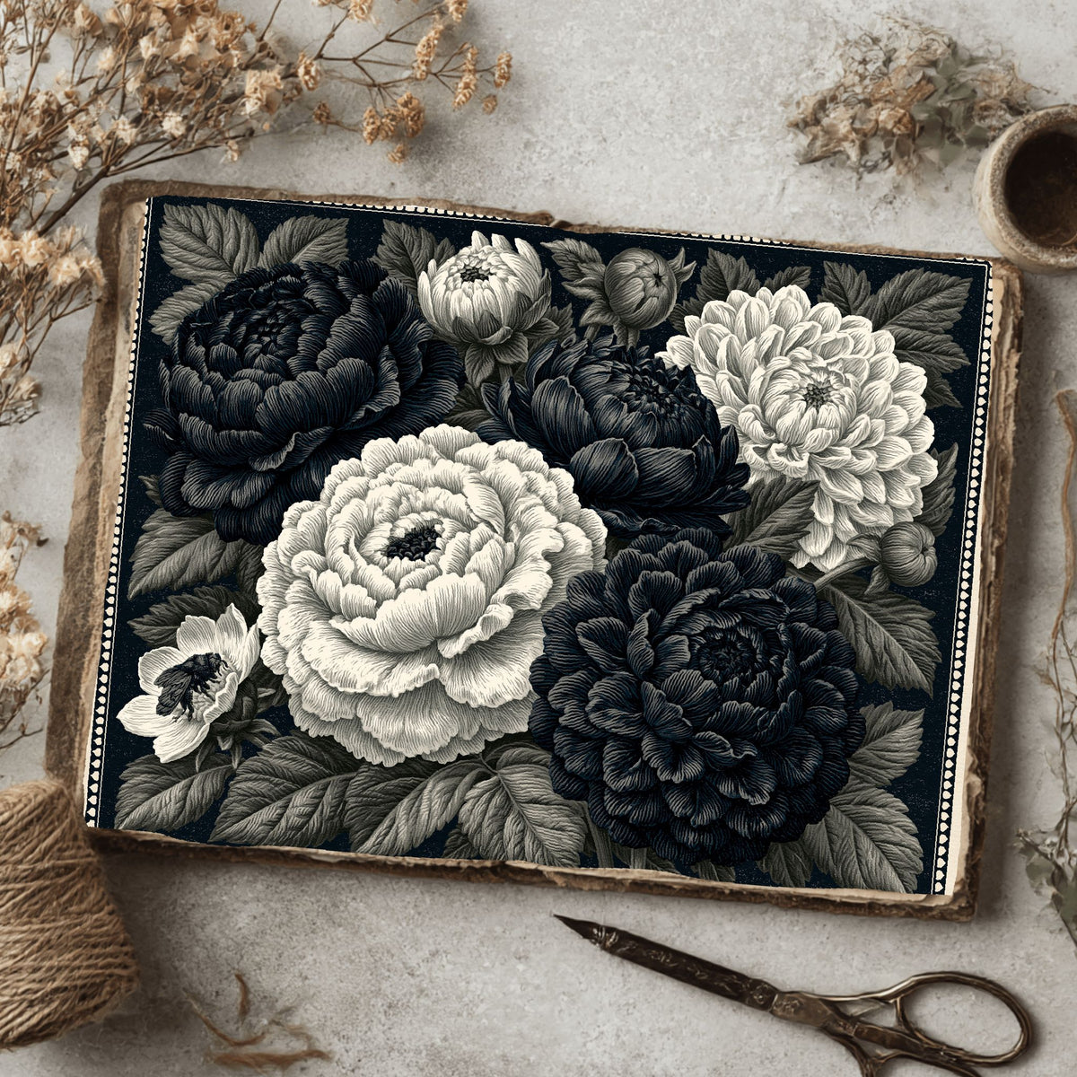 Vintage Black Ink Floral Illustration