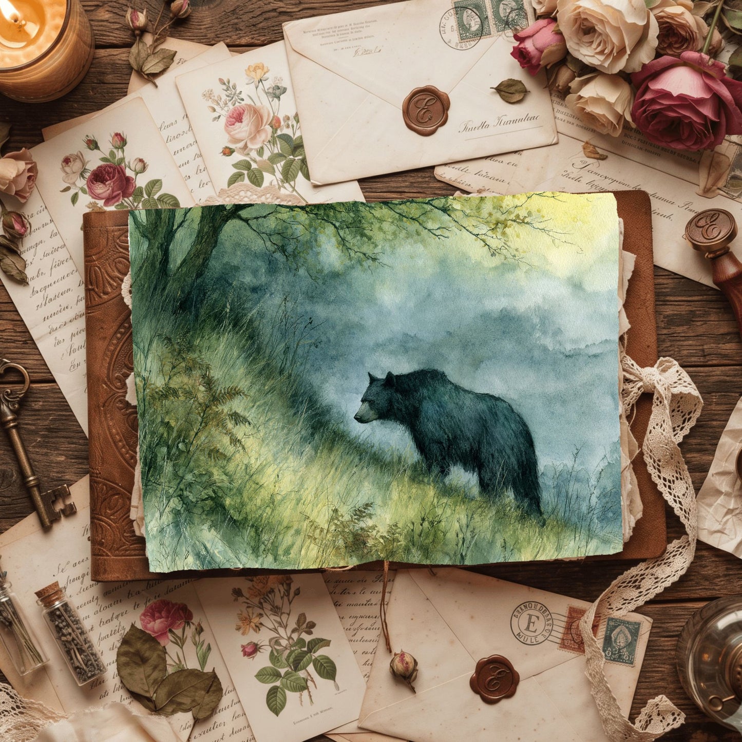 Woodland Bear Watercolor Landscape