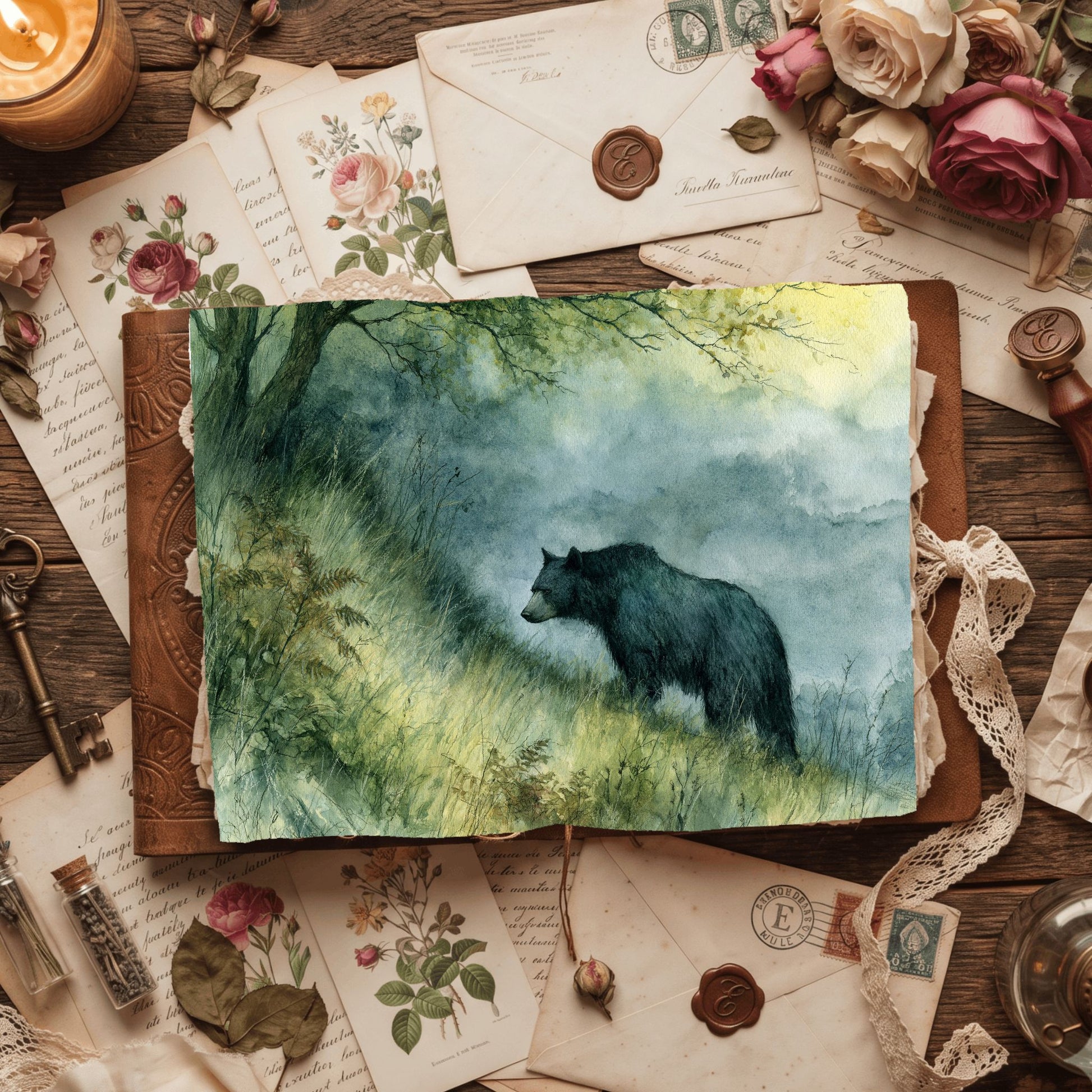 Woodland Bear Watercolor Landscape