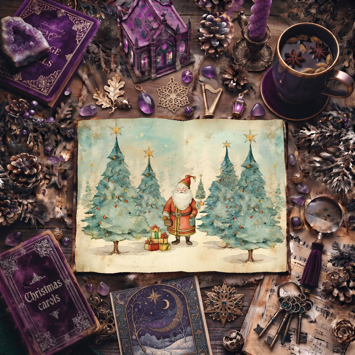 Christmas Santa Claus And Trees Digital Papers