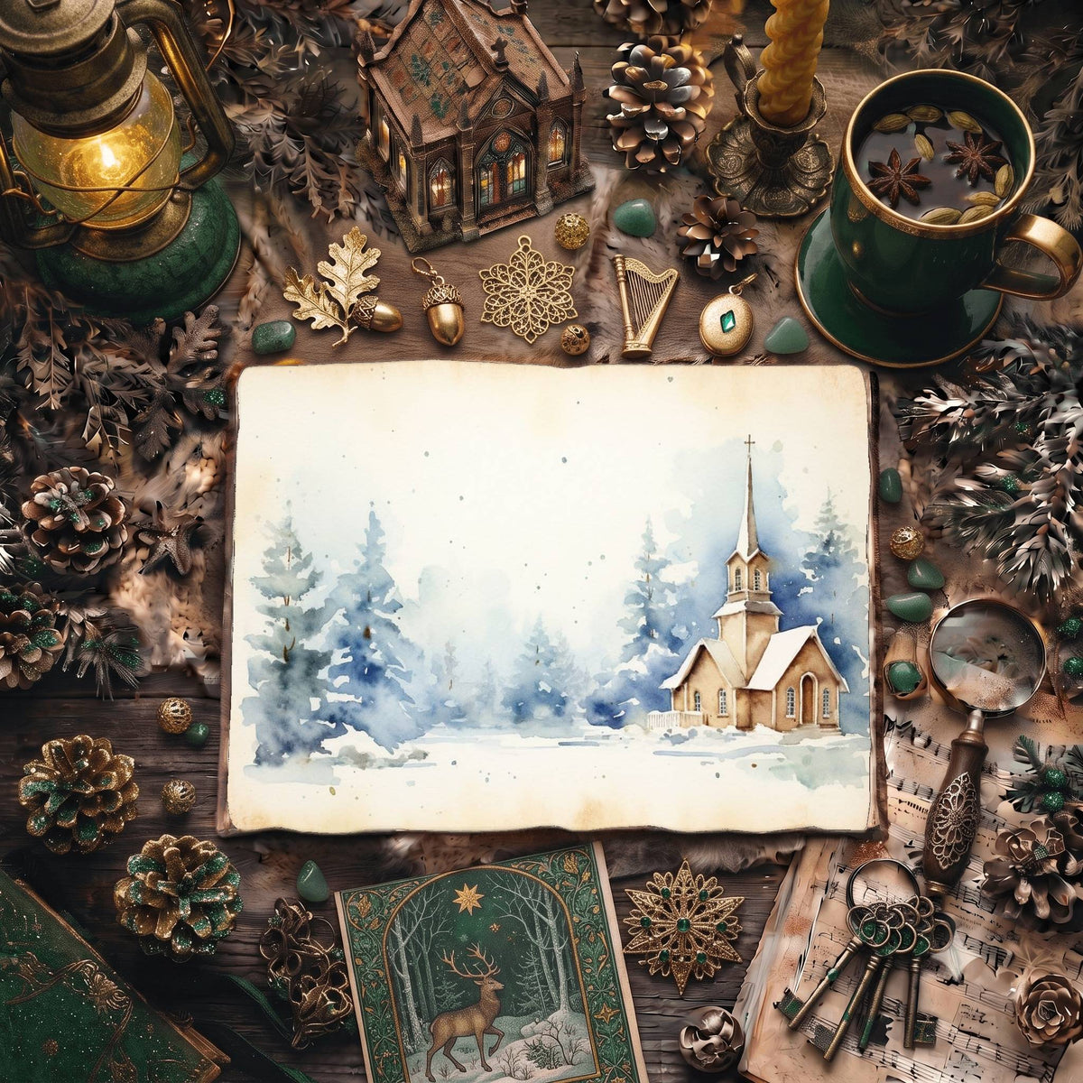 Christmas Snowy Church Digital Papers