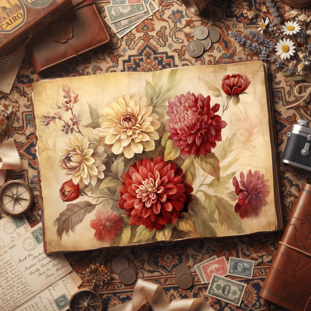 Crimson Flowers Digital Papers