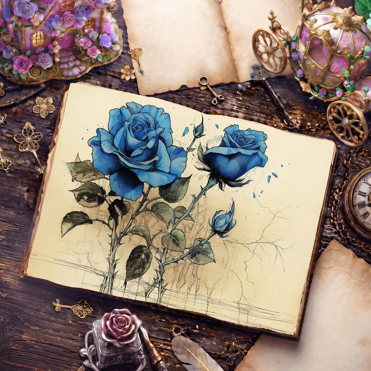 Decaying Blue Roses Digital Papers