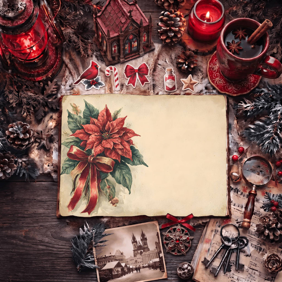 Festive Poinsettia Ribbon Design Digital Papers
