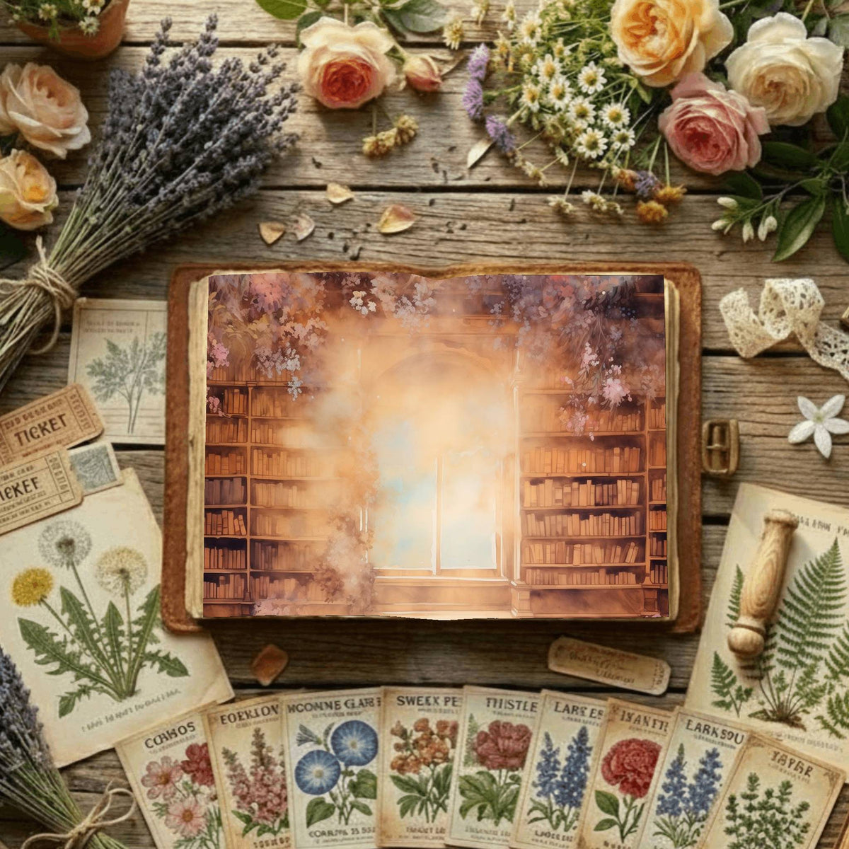 Floral Bookcase Digital Papers