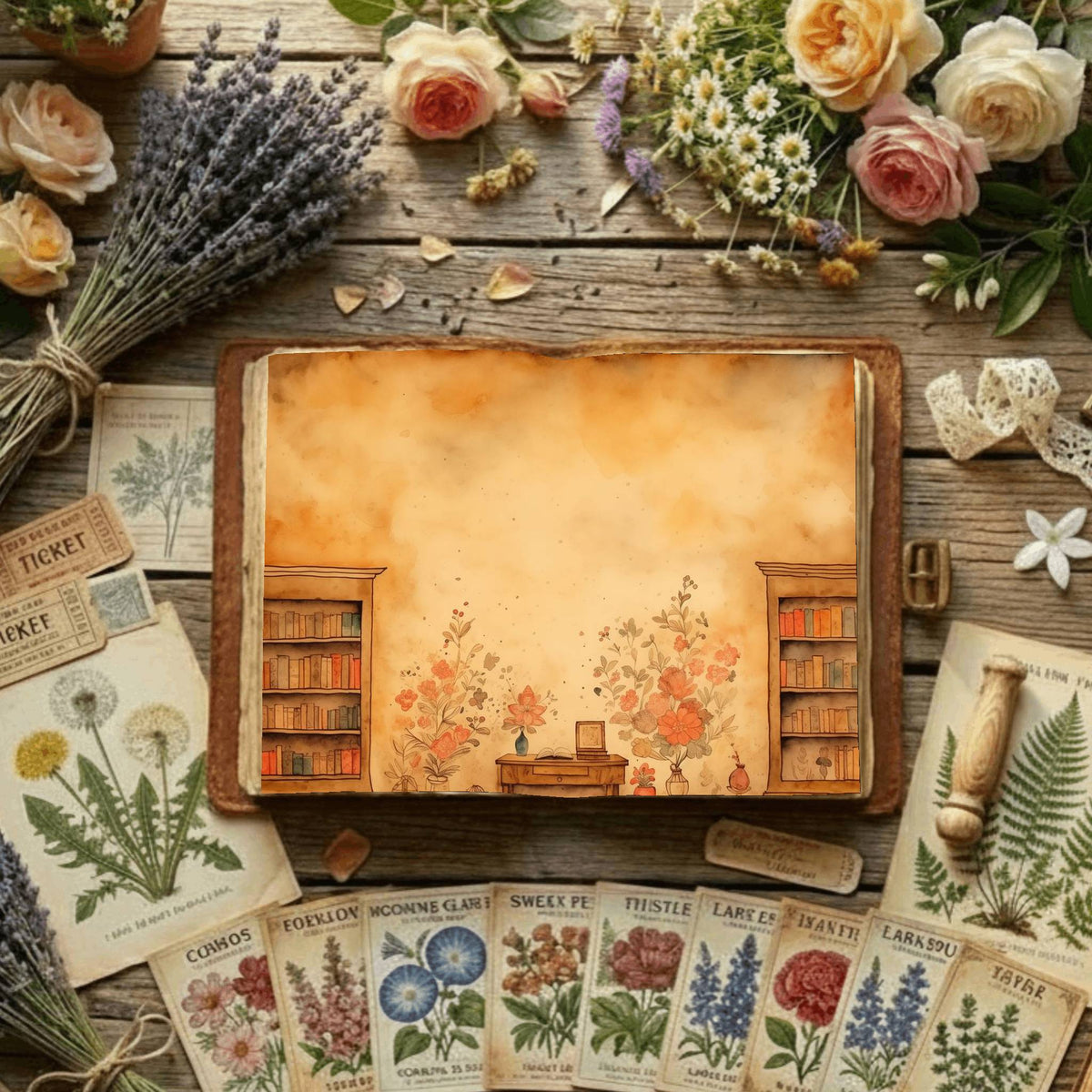 Floral Bookcase Digital Papers