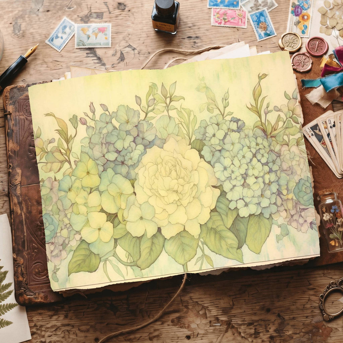 Green Hydrangea Digital Papers