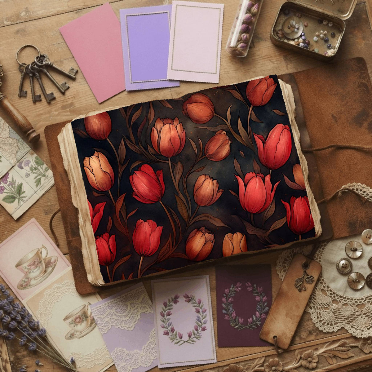 Ruby Tulips printable junk journal paper, page preview 6