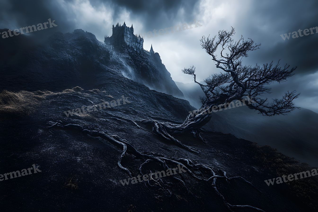 Witch’Castle On Dark Mountain In Storm Backdrop Images