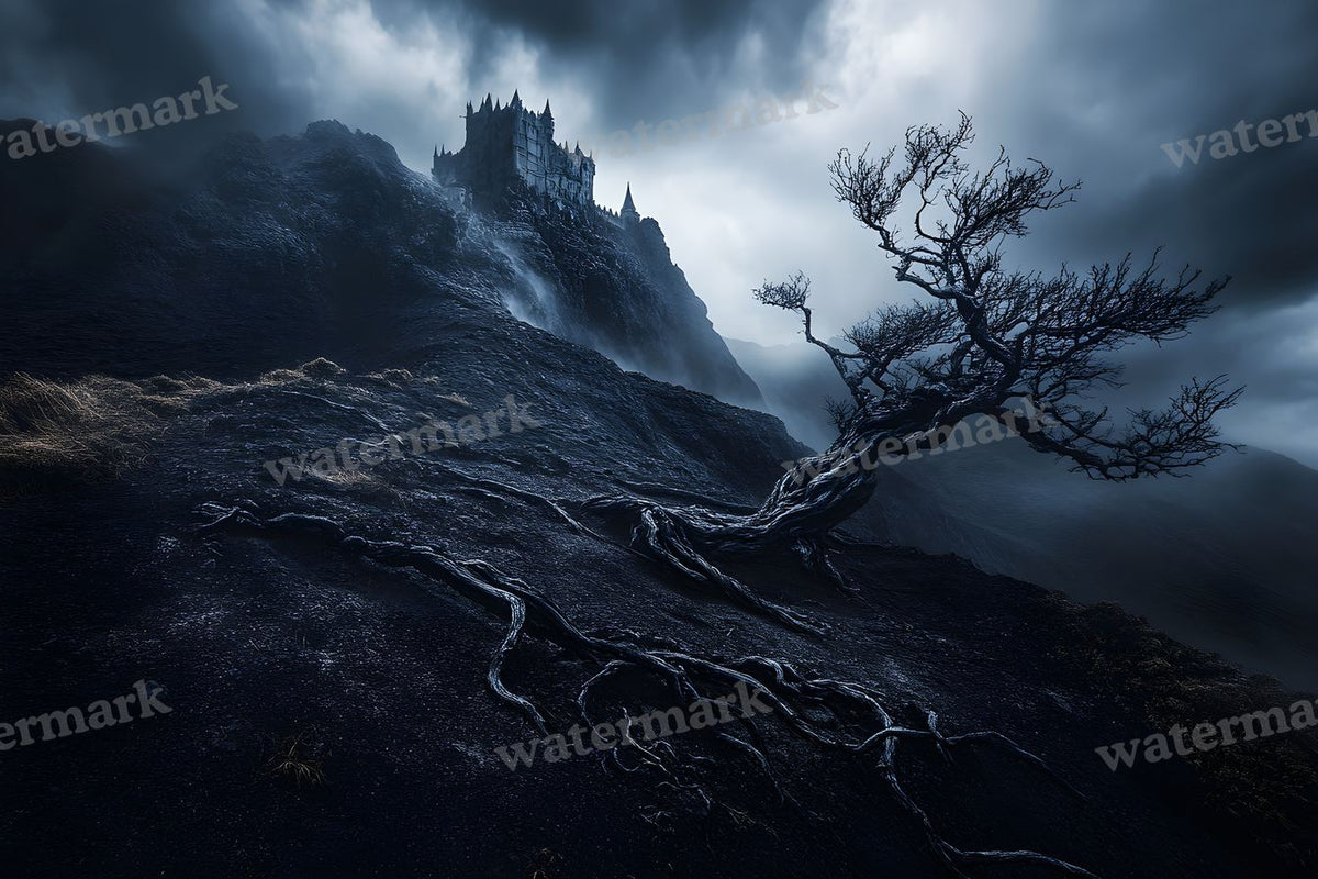Witch’Castle On Dark Mountain In Storm Backdrop Images