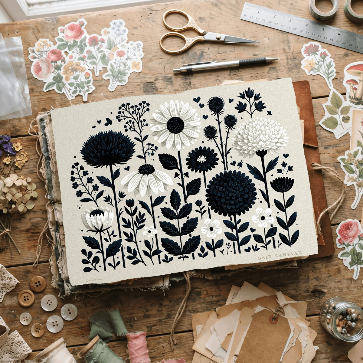 New England Wildflower Block Print