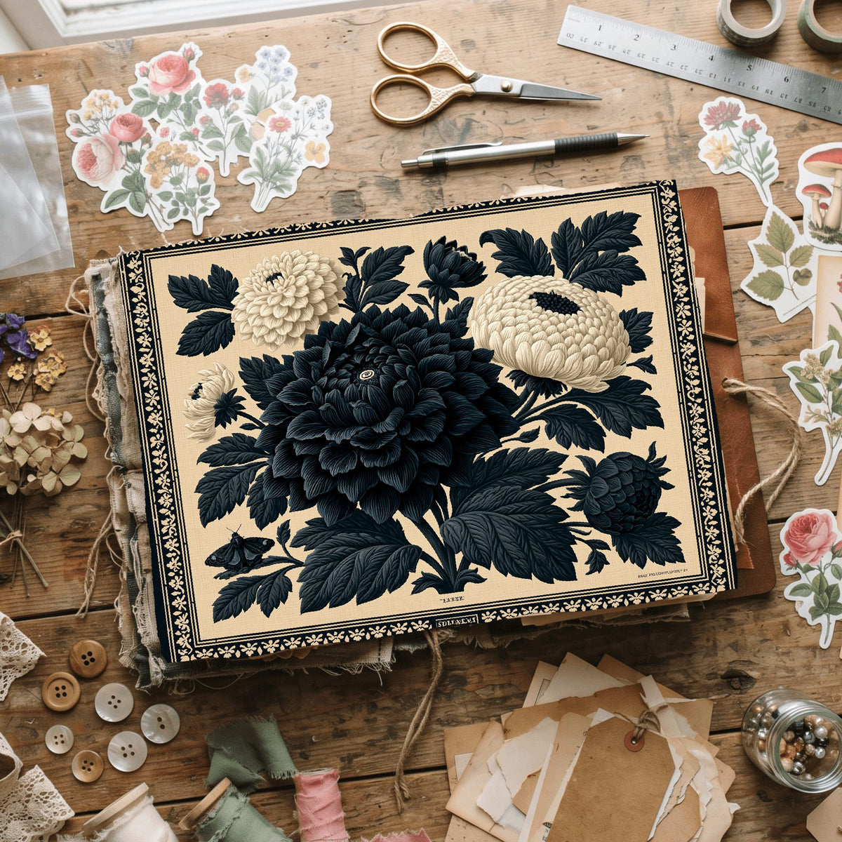 Vintage Black Ink Floral Illustration