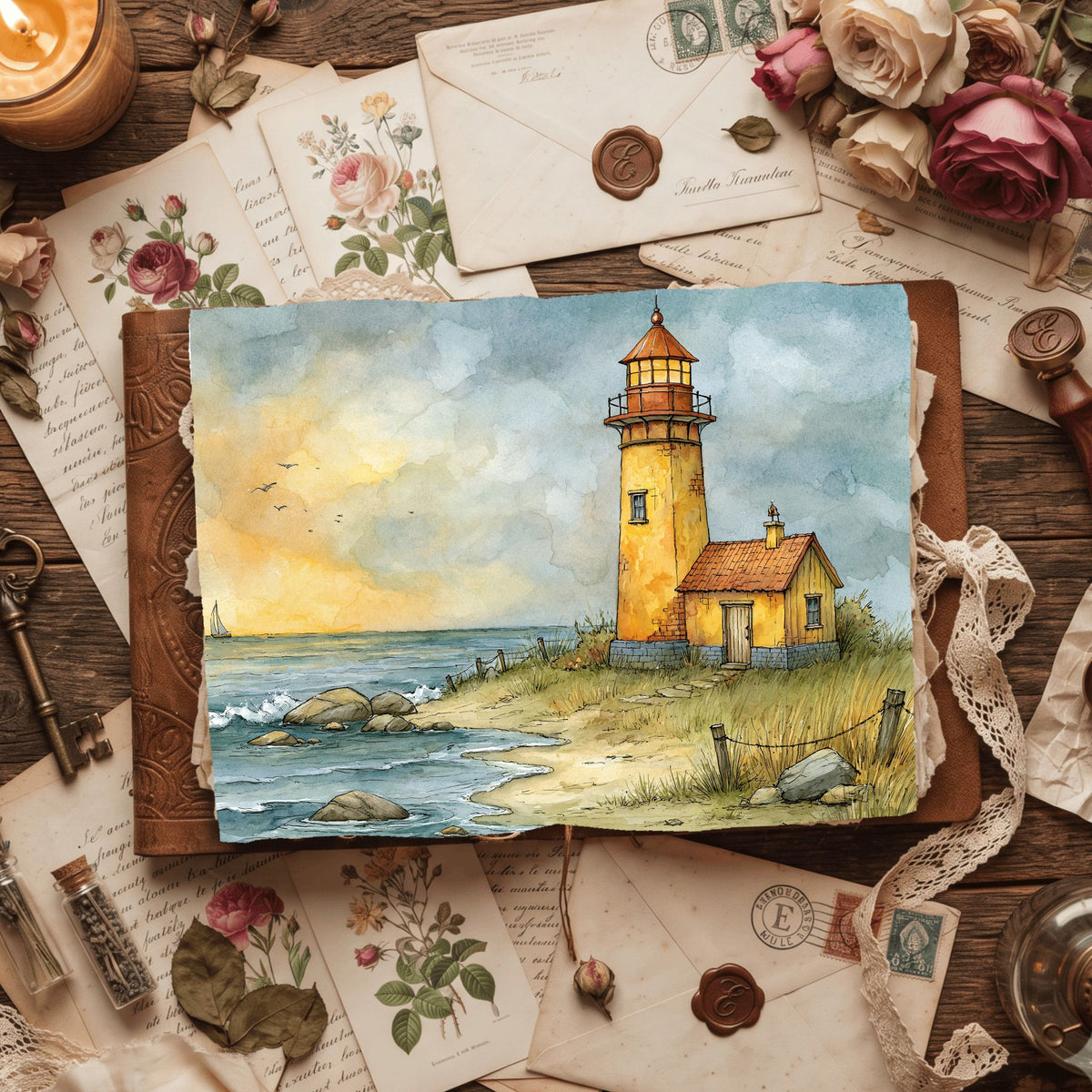 Watercolor Lighthouse Coastal Scene
